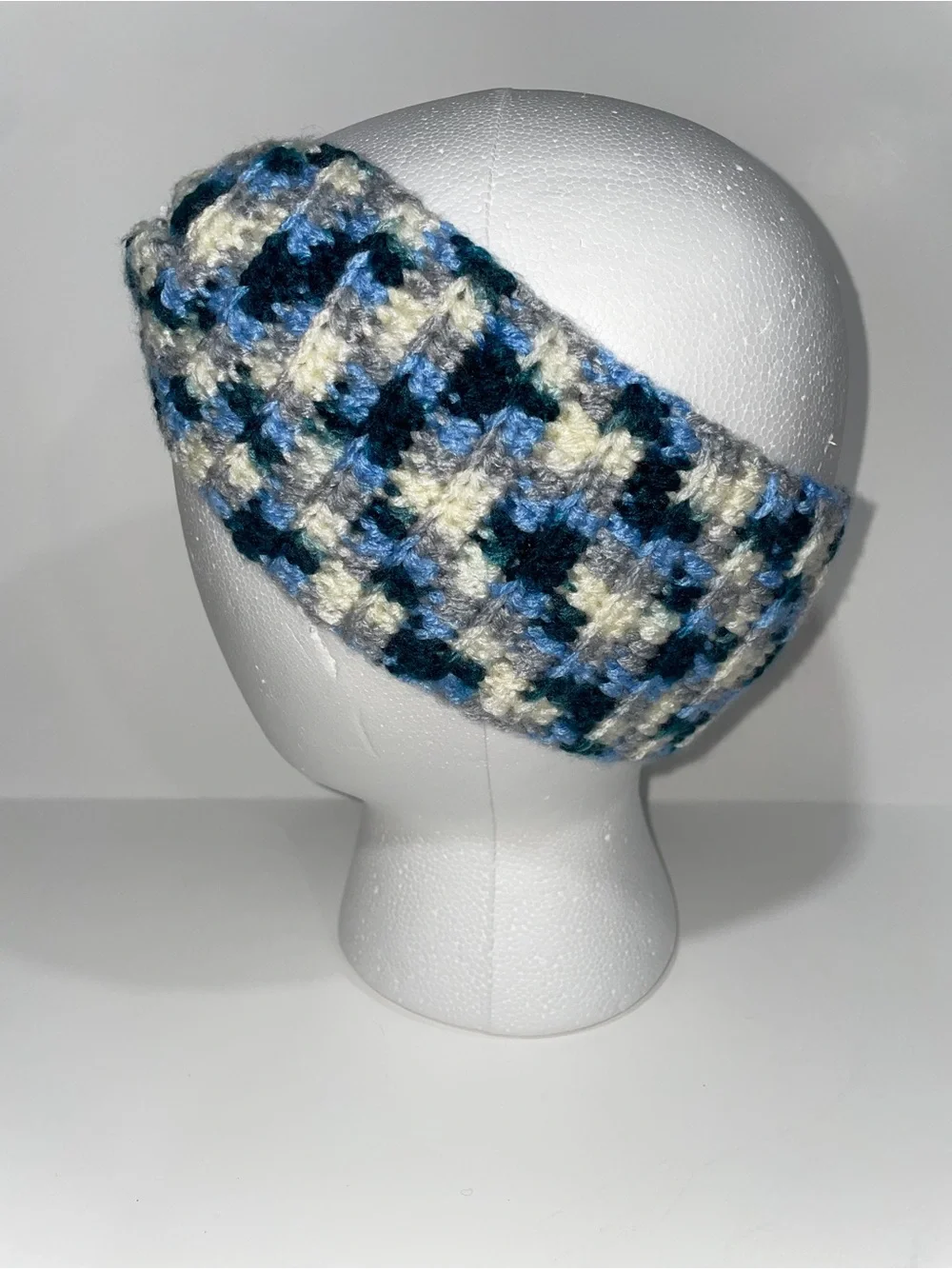 Hand Crafted Blue, Cream & Black Plaid Knitted Headband
